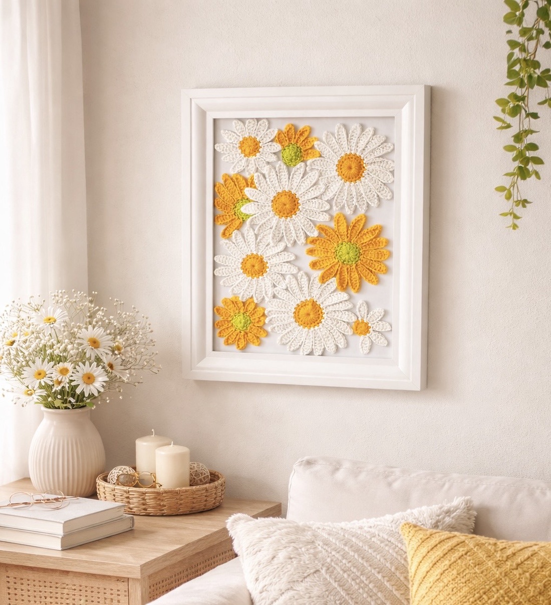 genul: Tablou handmade cu flori croșetate � decor de primăvară - accesorii nuntă - materiale decor pentru nuntă - tablouri și indicatoare nuntă - Artynos.ro