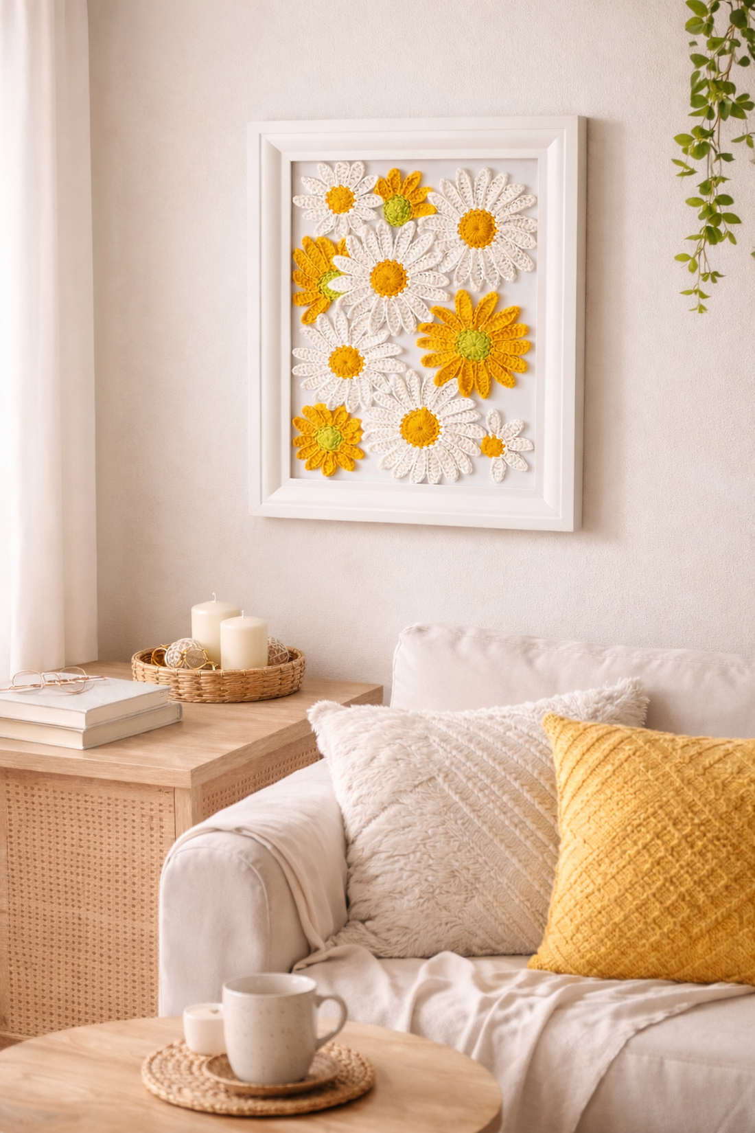 genul: Tablou handmade cu flori croșetate � decor de primăvară - accesorii nuntă - materiale decor pentru nuntă - tablouri și indicatoare nuntă - Artynos.ro