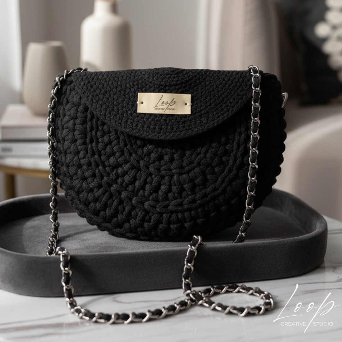 Noir � geantă din bumbac negru, căptușită, croșetată manual - genți și portofele - genți de mână și umăr - genți de umăr - Artynos.ro