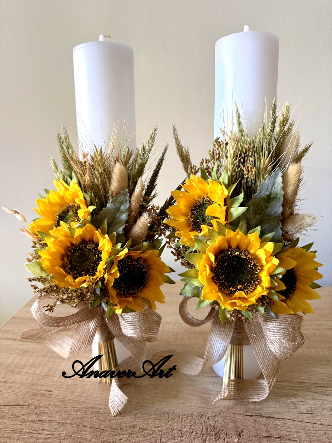 Set lumânări cu floarea soarelui - accesorii nuntă - materiale decor pentru nuntă - lumânări de nuntă și suport lumânări - Artynos.ro