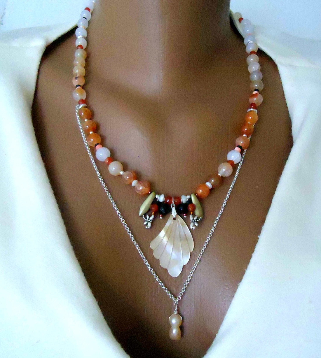 Colier minunat cu perla, sidef si agate sakura orrange degrade - bijuterii - coliere - coliere cu pandative - Artynos.ro