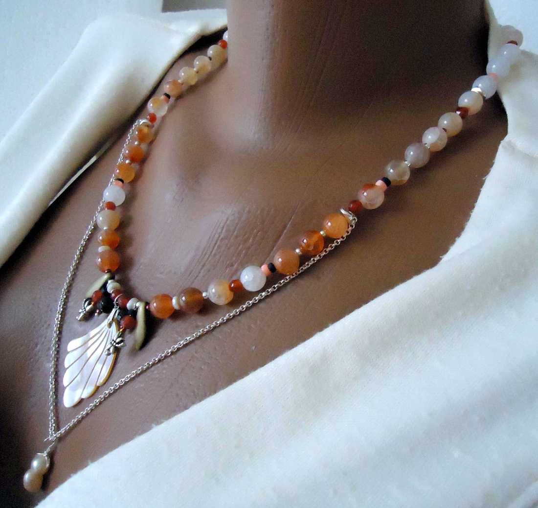 Colier minunat cu perla, sidef si agate sakura orrange degrade - bijuterii - coliere - coliere cu pandative - Artynos.ro