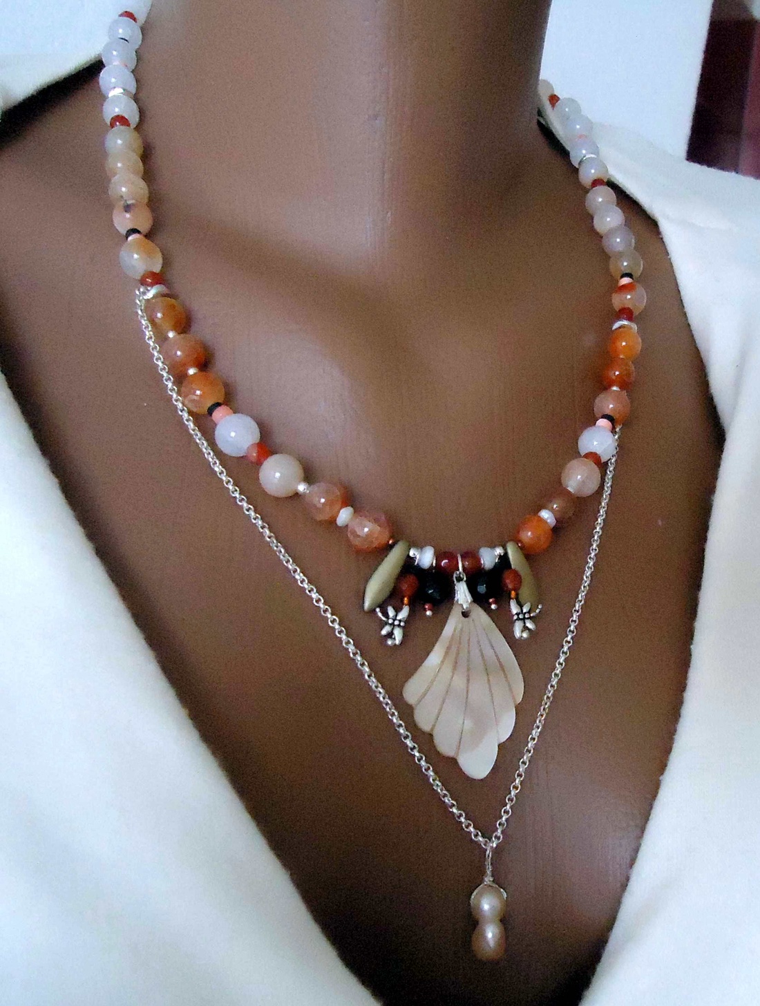 Colier minunat cu perla, sidef si agate sakura orrange degrade - bijuterii - coliere - coliere cu pandative - Artynos.ro