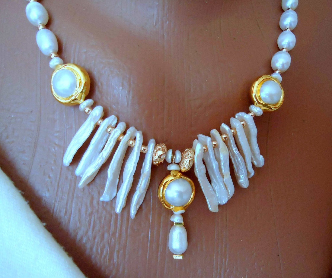 Lungime colier 49,5 cm / Set /Colier și cercei, pretios de 3 ori, pt aur, pt perlele nat de calitate, pt perlele Biwa g - bijuterii - coliere - coliere din perle - Artynos.ro