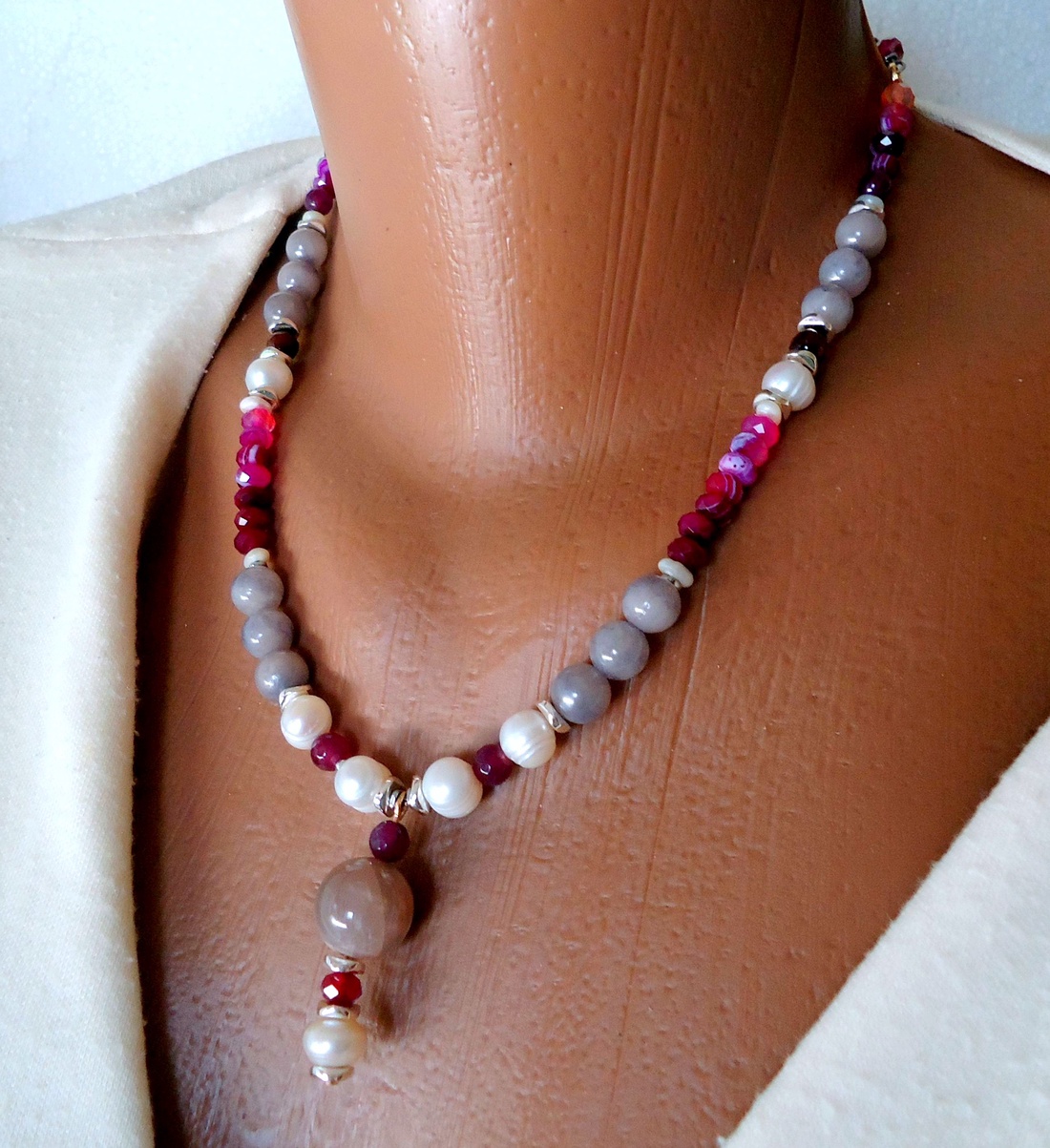 Promotie ! Colier statement cu perle naturale si moon stone - bijuterii - coliere - coliere din perle - Artynos.ro