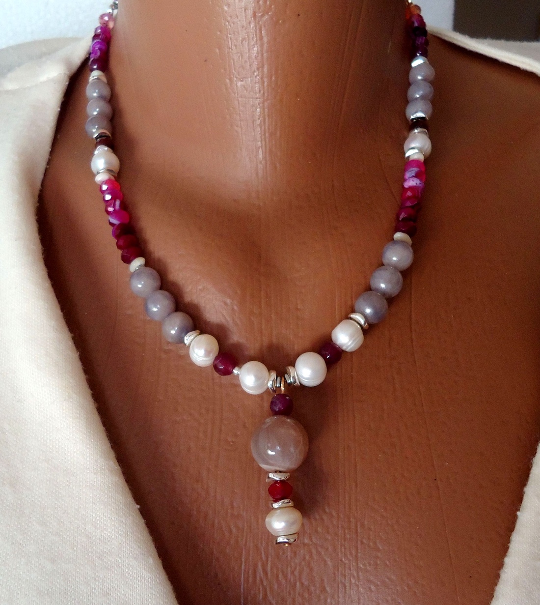 Promotie ! Colier statement cu perle naturale si moon stone - bijuterii - coliere - coliere din perle - Artynos.ro