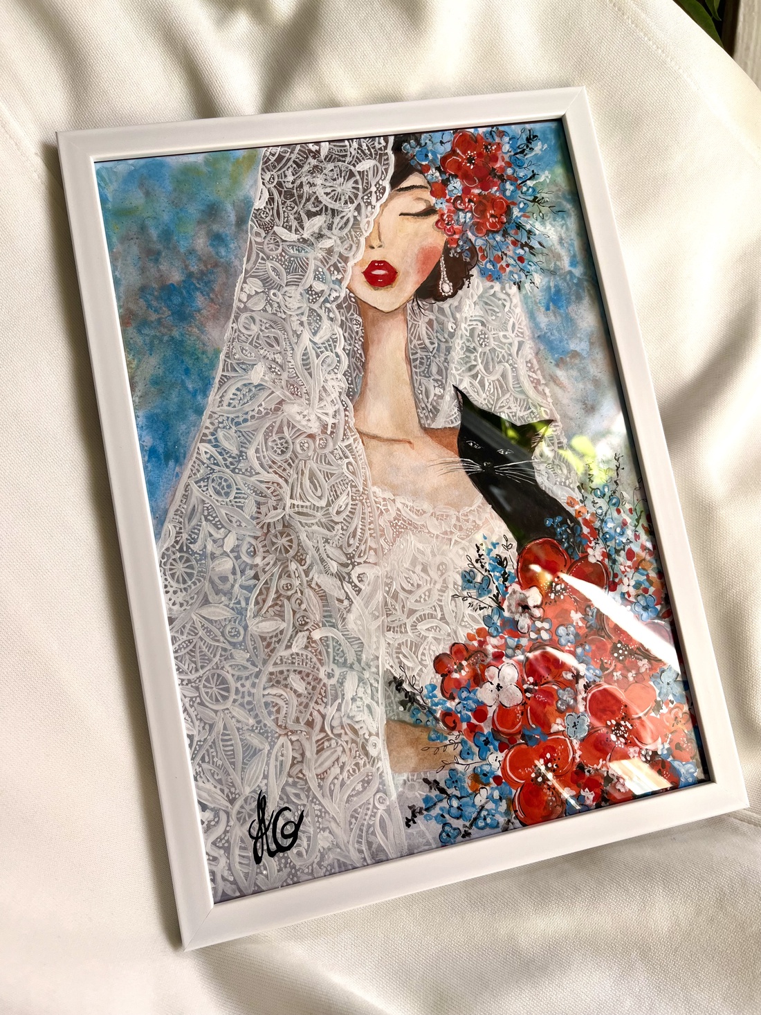 Tablou pictură Mireasa cu pisica/Red and Blue colors - accesorii nuntă - amintiri și cadouri de nuntă - albume foto de nuntă - Artynos.ro