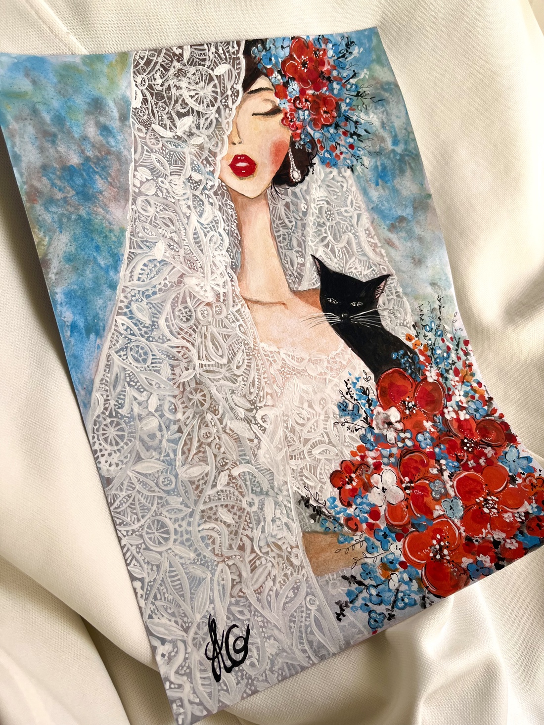 Tablou pictură Mireasa cu pisica/Red and Blue colors - accesorii nuntă - amintiri și cadouri de nuntă - albume foto de nuntă - Artynos.ro