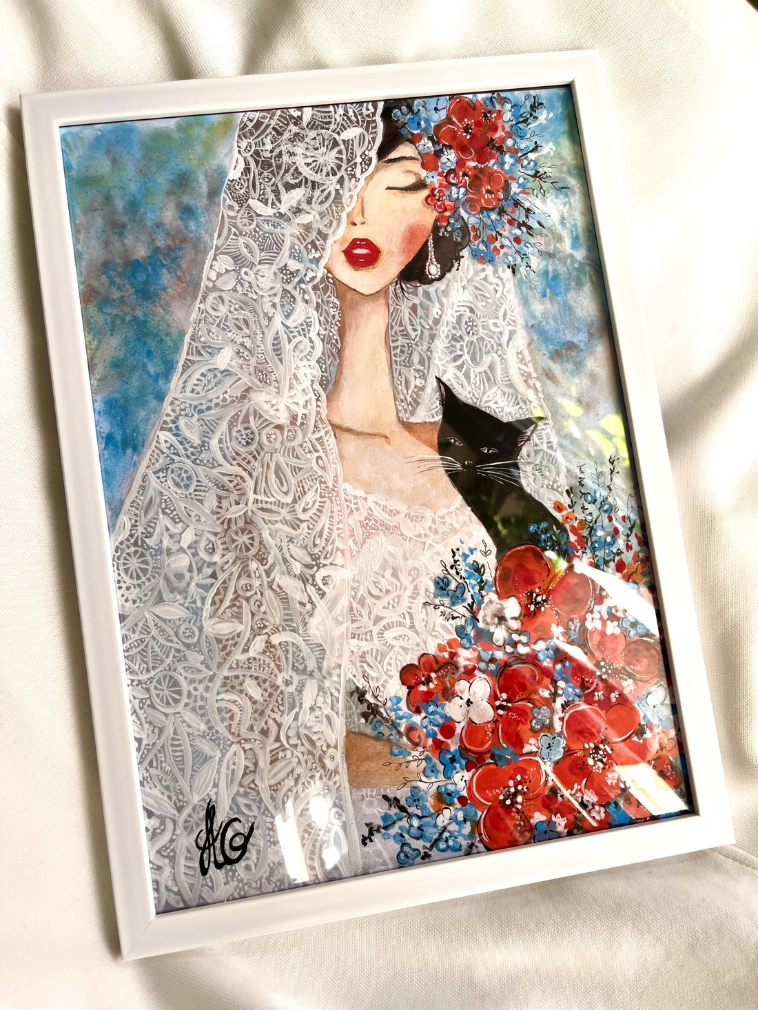 Tablou pictură Mireasa cu pisica/Red and Blue colors - accesorii nuntă - amintiri și cadouri de nuntă - albume foto de nuntă - Artynos.ro