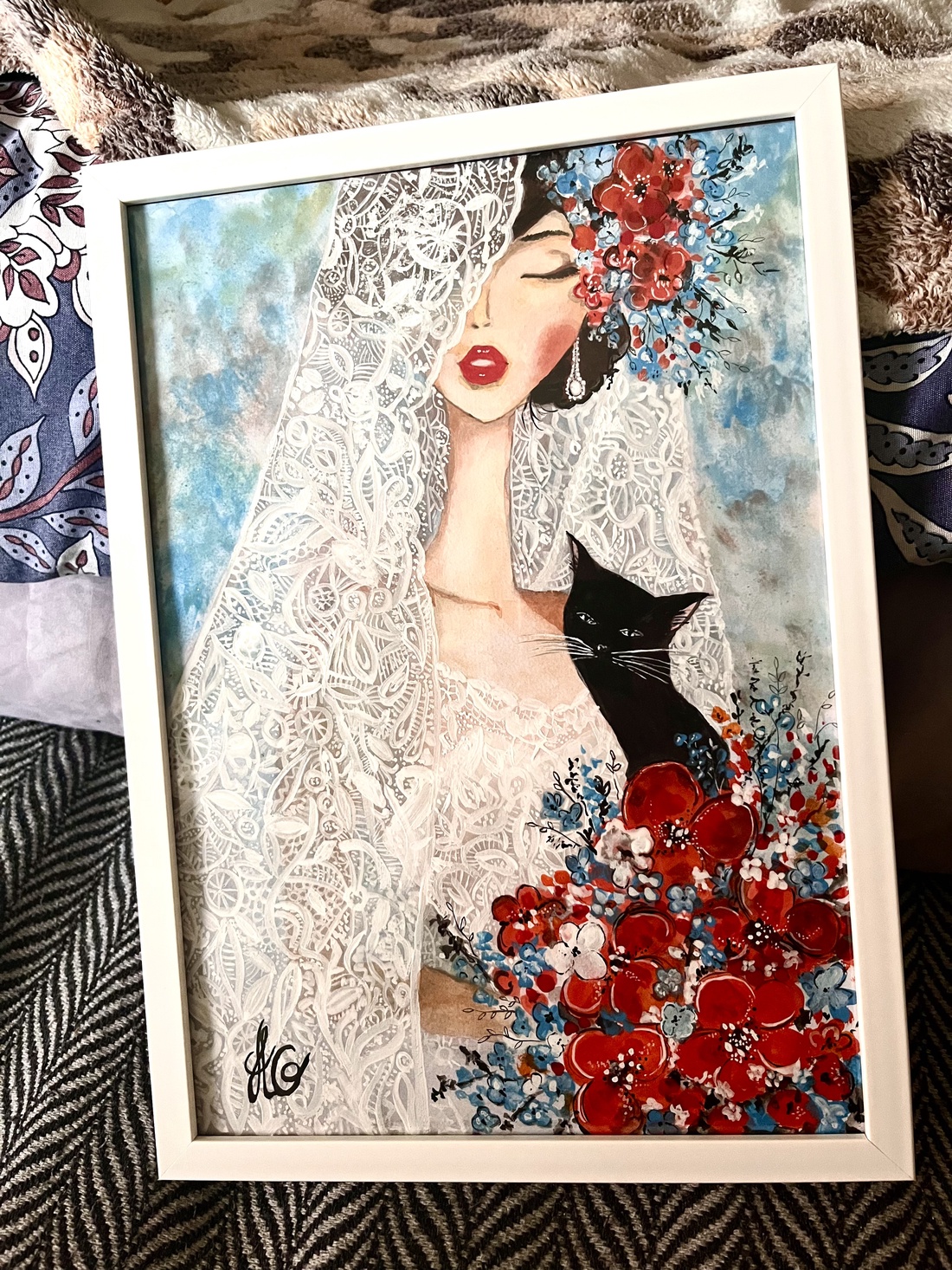 Tablou pictură Mireasa cu pisica/Red and Blue colors - accesorii nuntă - amintiri și cadouri de nuntă - albume foto de nuntă - Artynos.ro