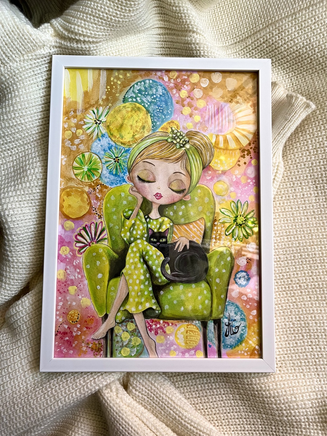 Tablou pictură Lady with black cat/Bombon background  - casă & stil de viață - decorațiuni de casă - picturi murale - tablouri/picturi pe pânză - Artynos.ro