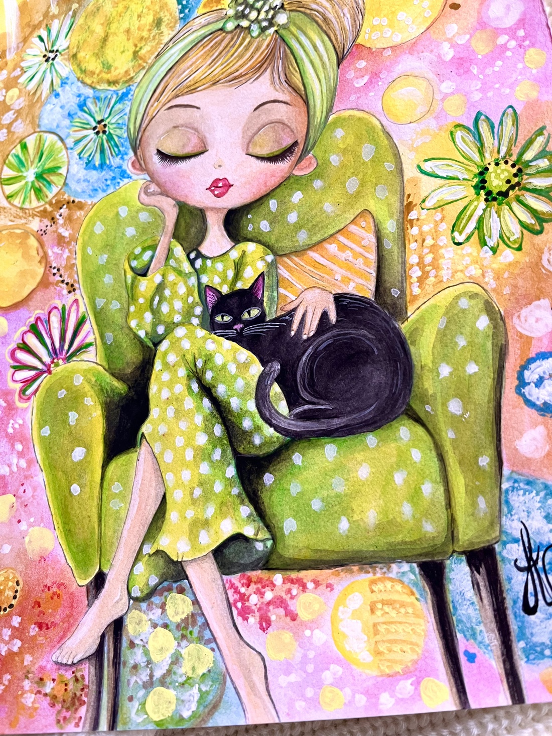 Tablou pictură Lady with black cat/Bombon background  - casă & stil de viață - decorațiuni de casă - picturi murale - tablouri/picturi pe pânză - Artynos.ro