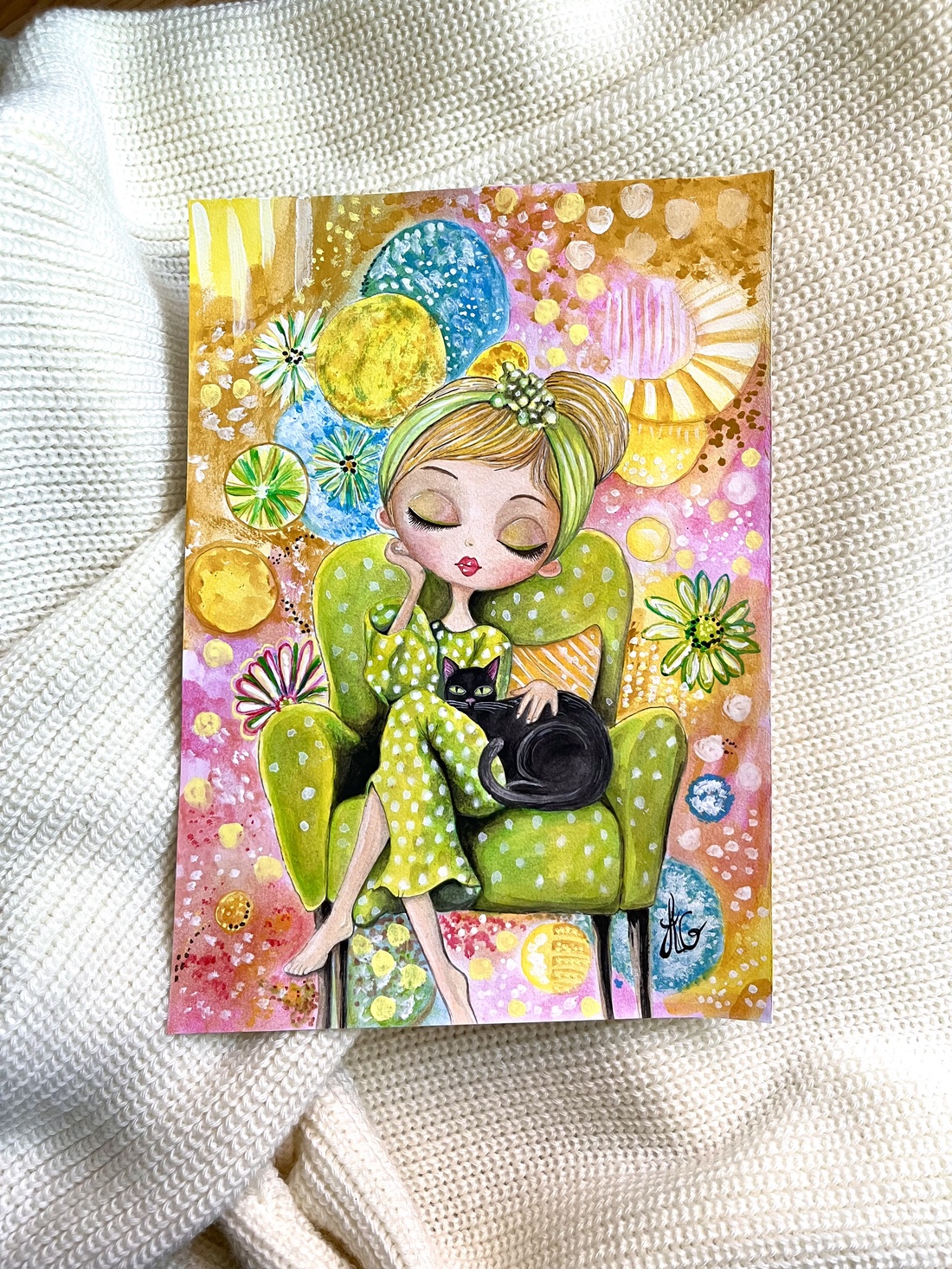 Tablou pictură Lady with black cat/Bombon background  - casă & stil de viață - decorațiuni de casă - picturi murale - tablouri/picturi pe pânză - Artynos.ro