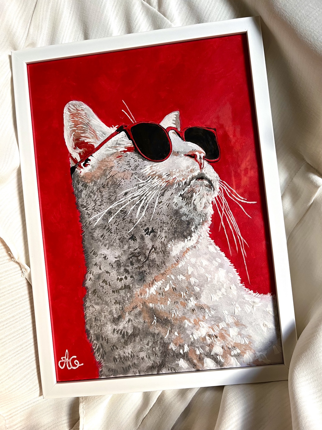 Tablou pictură White Cat with sunglasses - casă & stil de viață - decorațiuni de casă - picturi murale - tablouri/picturi pe pânză - Artynos.ro