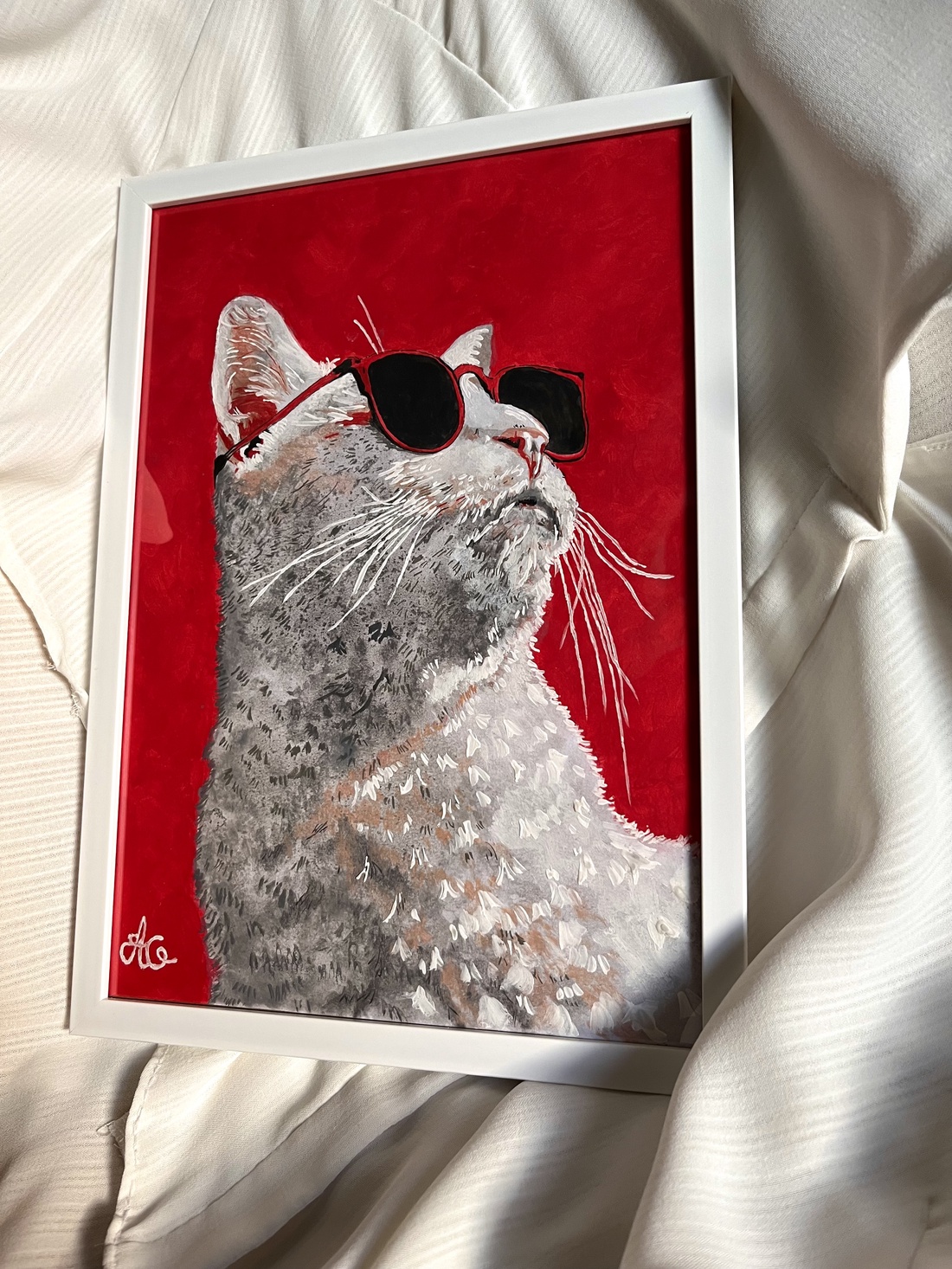 Tablou pictură White Cat with sunglasses - casă & stil de viață - decorațiuni de casă - picturi murale - tablouri/picturi pe pânză - Artynos.ro