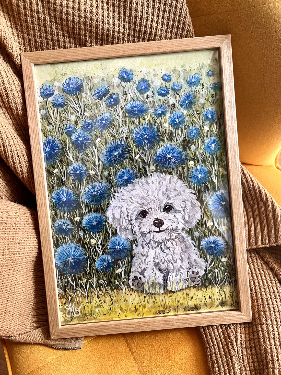 Tablou pictură Bichon în grădină cu albăstrele  - casă & stil de viață - decorațiuni de casă - picturi murale - tablouri/picturi pe pânză - Artynos.ro