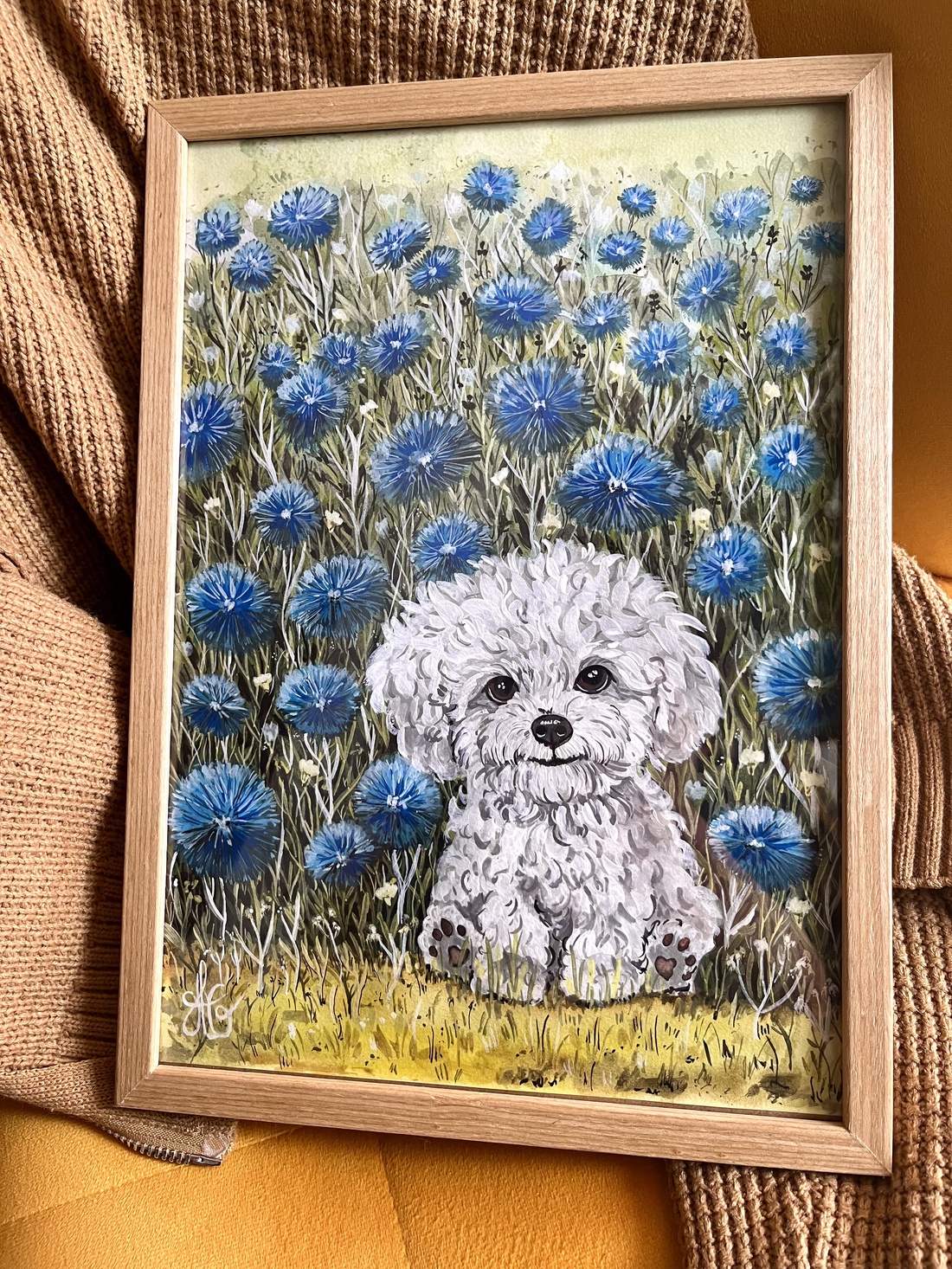 Tablou pictură Bichon în grădină cu albăstrele  - casă & stil de viață - decorațiuni de casă - picturi murale - tablouri/picturi pe pânză - Artynos.ro