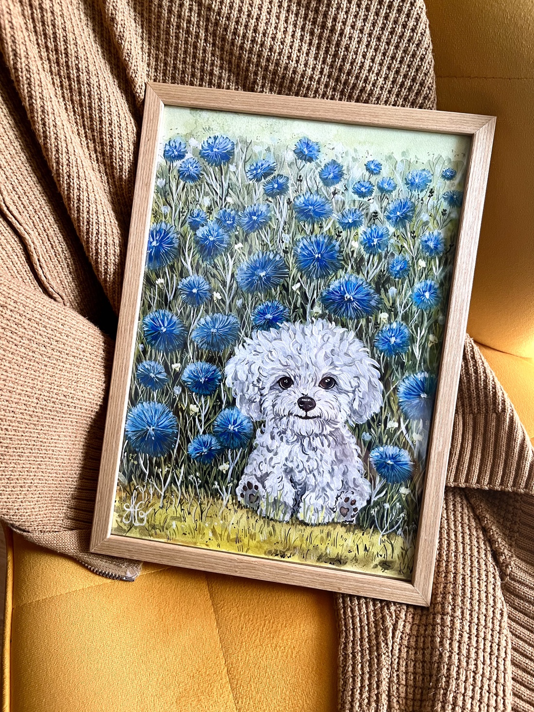 Tablou pictură Bichon în grădină cu albăstrele  - casă & stil de viață - decorațiuni de casă - picturi murale - tablouri/picturi pe pânză - Artynos.ro