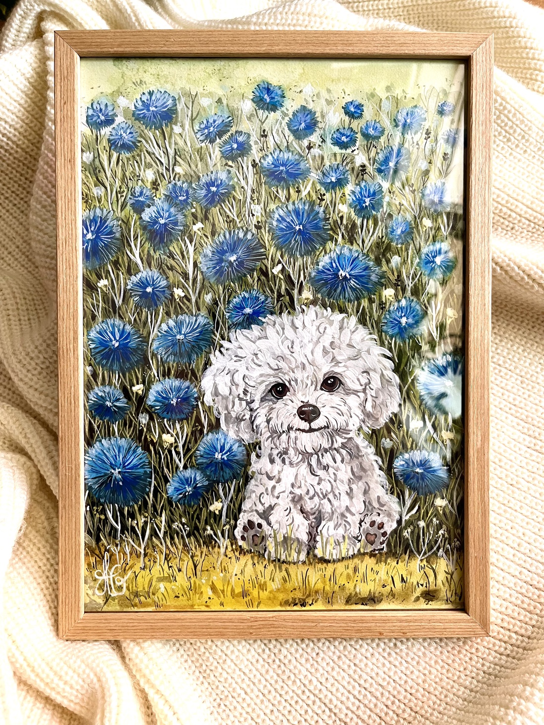 Tablou pictură Bichon în grădină cu albăstrele  - casă & stil de viață - decorațiuni de casă - picturi murale - tablouri/picturi pe pânză - Artynos.ro
