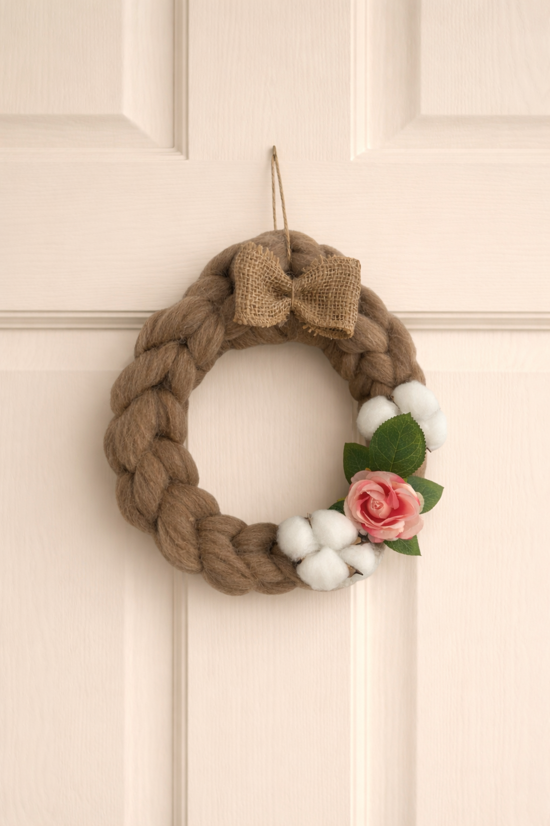 Coronita decorativa lucrata manual din lana merinos si decorata cu flori - casă & stil de viață - decorațiuni de casă - decorațiuni de geam și ușă - ornamente de ușă  - Artynos.ro