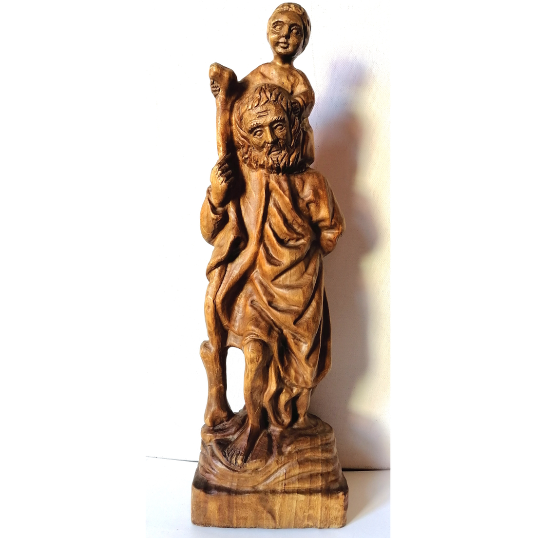 Statuie sculptată vintage a Sfântului Cristofor cu pruncul Iisus la gât - arte vizuale și accesorii  - sculptură - statuie lemn - Artynos.ro