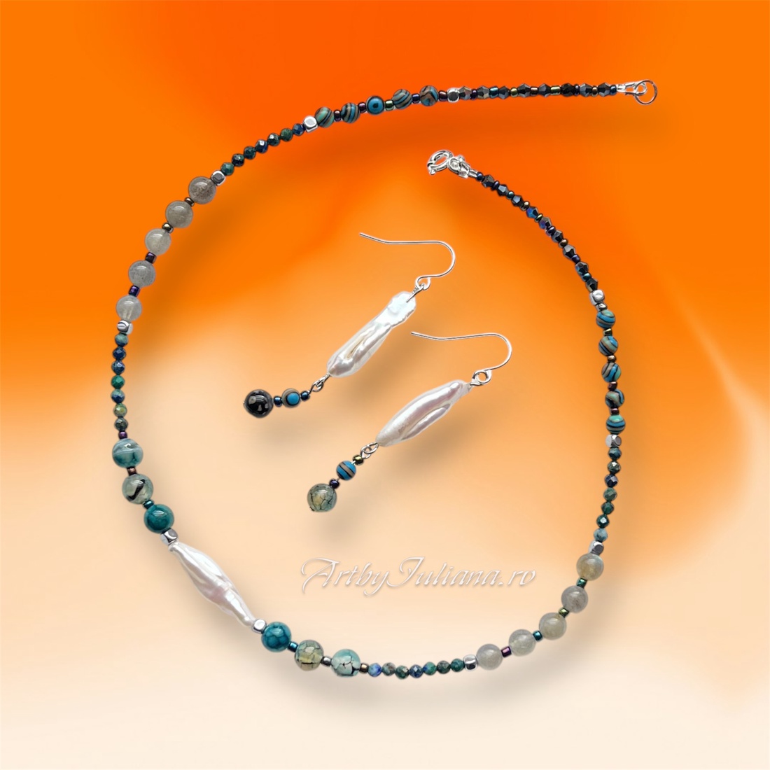 Set (colier, cercei) pietre semiprețioase și perle Valurile mării - bijuterii - seturi de bijuterii - Artynos.ro Set (colier, cercei) pietre semiprețioase și perle Valurile mării - bijuterii - seturi de bijuterii - Artynos.ro