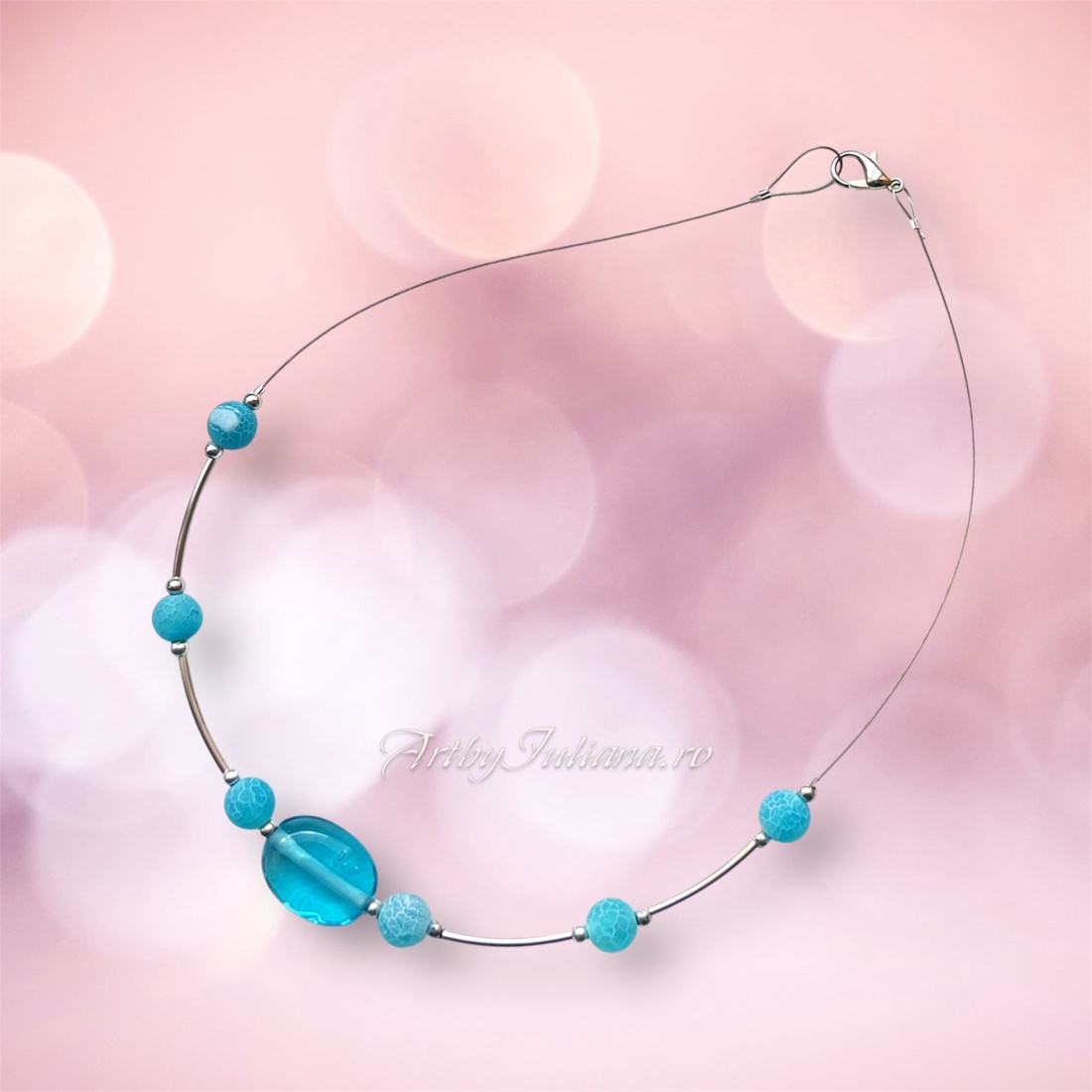 Colier handmade cu agate si sticla de Murano Albastru de Murano - bijuterii - coliere - coliere din mărgele - Artynos.ro