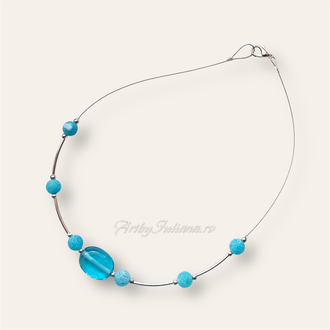 Colier handmade cu agate si sticla de Murano Albastru de Murano - bijuterii - coliere - coliere din mărgele - Artynos.ro