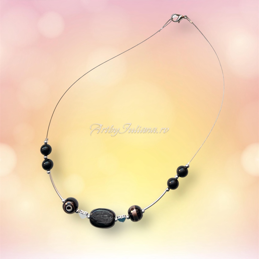 Colier handmade cu pietre semipretioase si sticla de Murano Negru de Murano - bijuterii - coliere - coliere din pietre semiprețioase - Artynos.ro