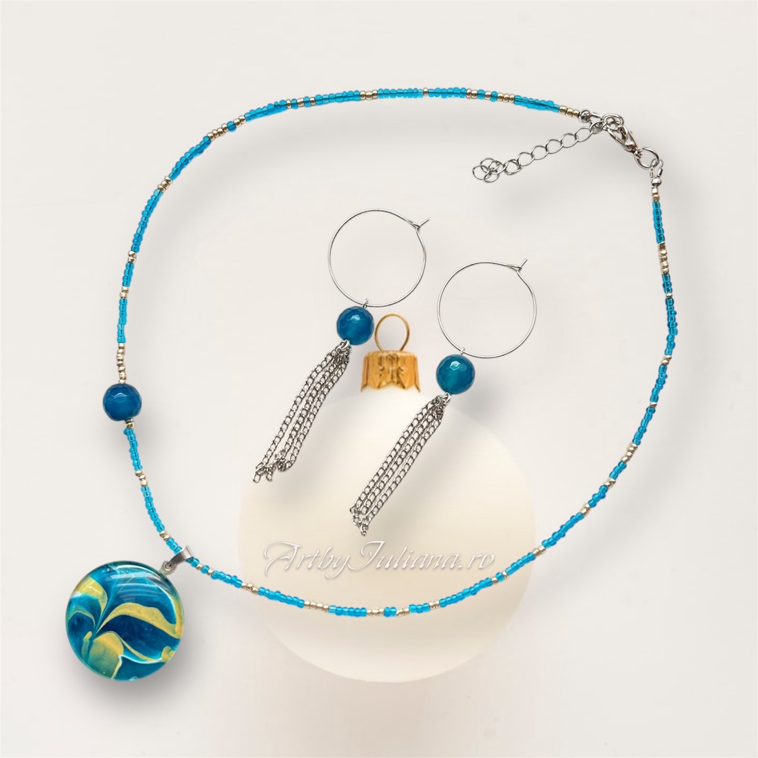 Set handmade cu pietre semipretioase Marea iarna - bijuterii - seturi de bijuterii - Artynos.ro