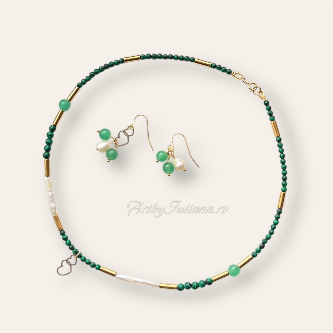 Set (colier, cercei) argint, perle și pietre semiprețioase Inimi de aur - bijuterii - seturi de bijuterii - Artynos.ro