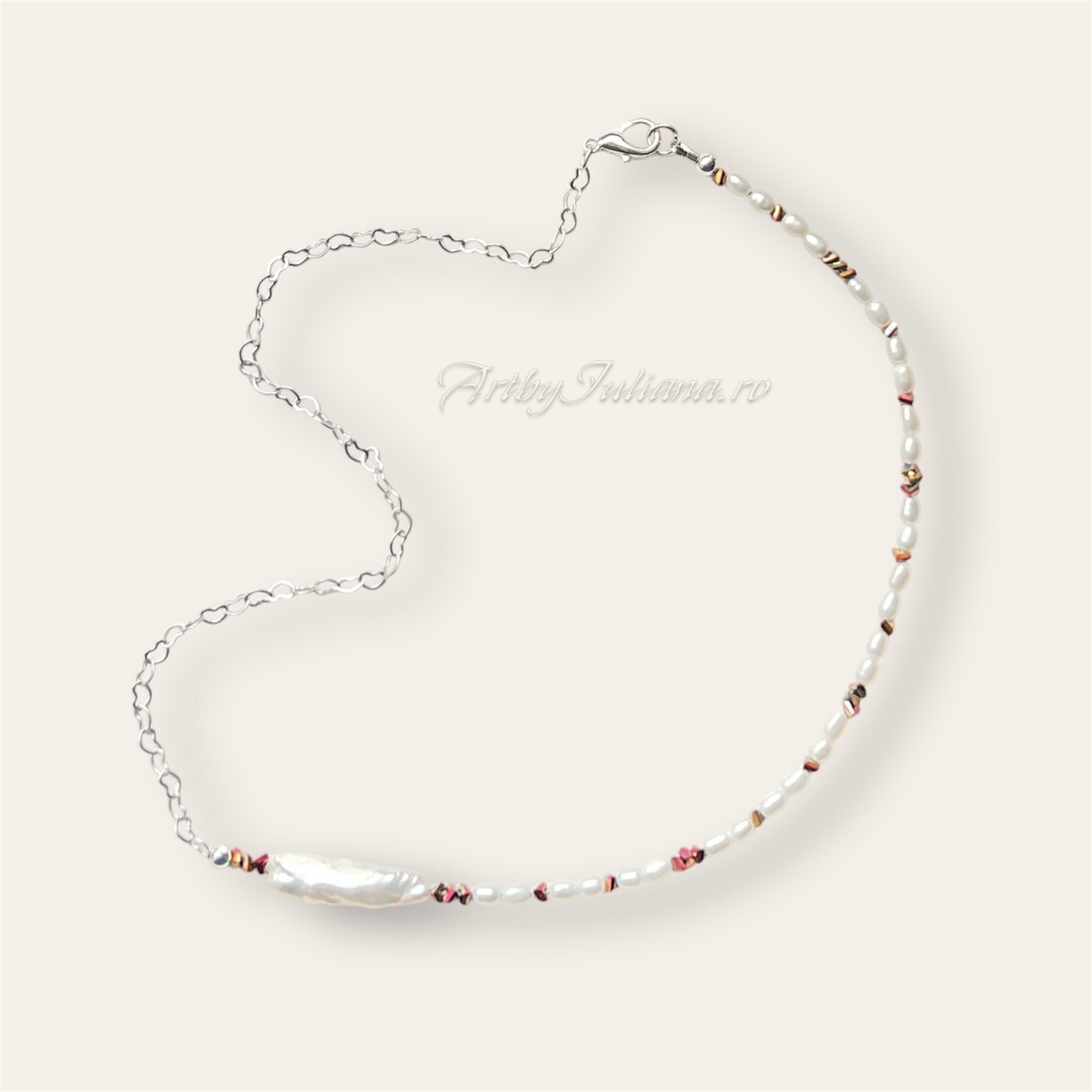 Colier handmade cu perle si argint Jumătate inimi - bijuterii - coliere - coliere din perle - Artynos.ro