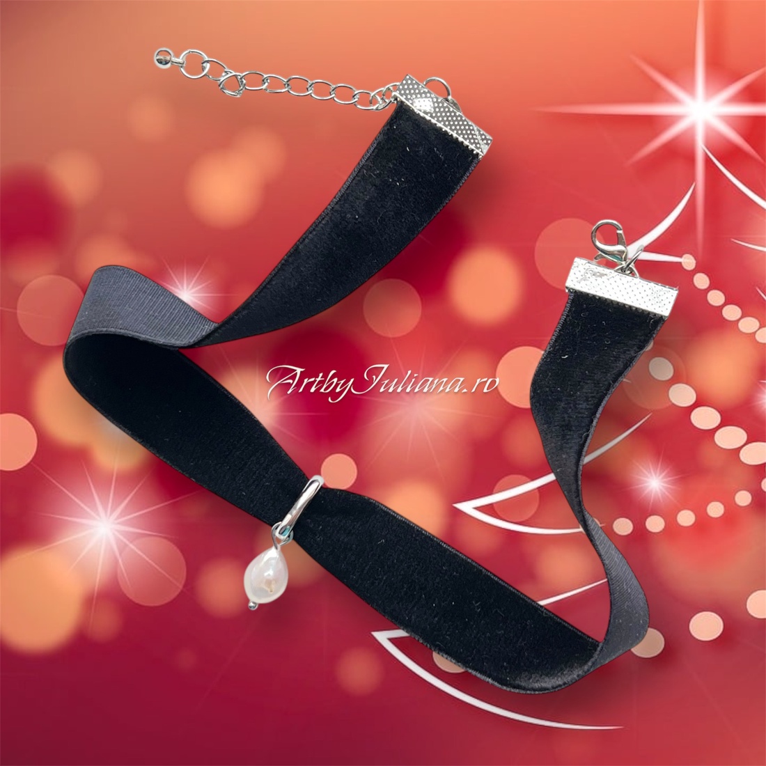 Choker catifea neagra, argint și perlă roz - bijuterii - coliere - chockere - Artynos.ro