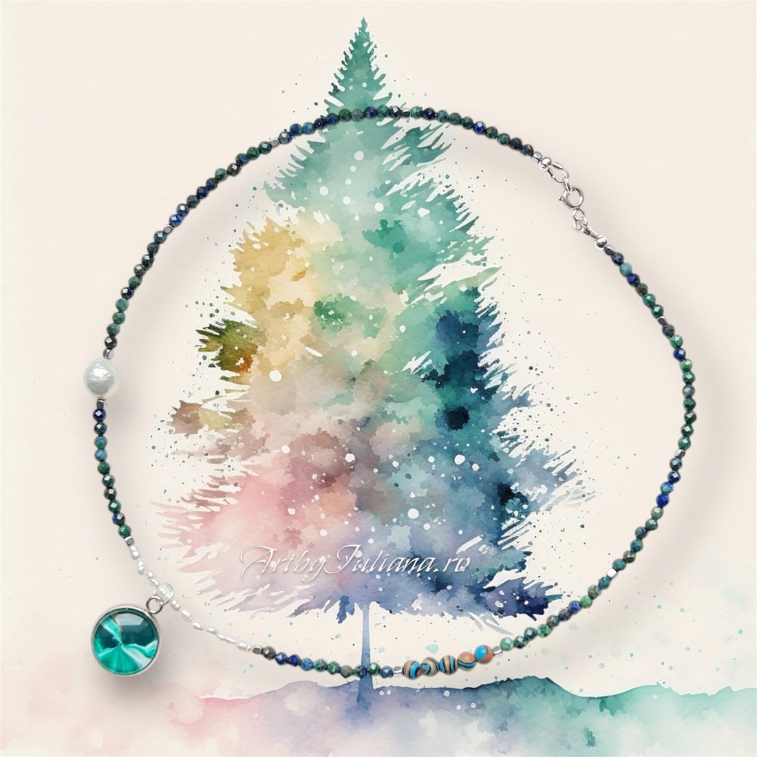 Colier handmade cu argint, perle si pietre semiprețioase Brad de Crăciun - bijuterii - coliere - coliere din pietre semiprețioase - Artynos.ro