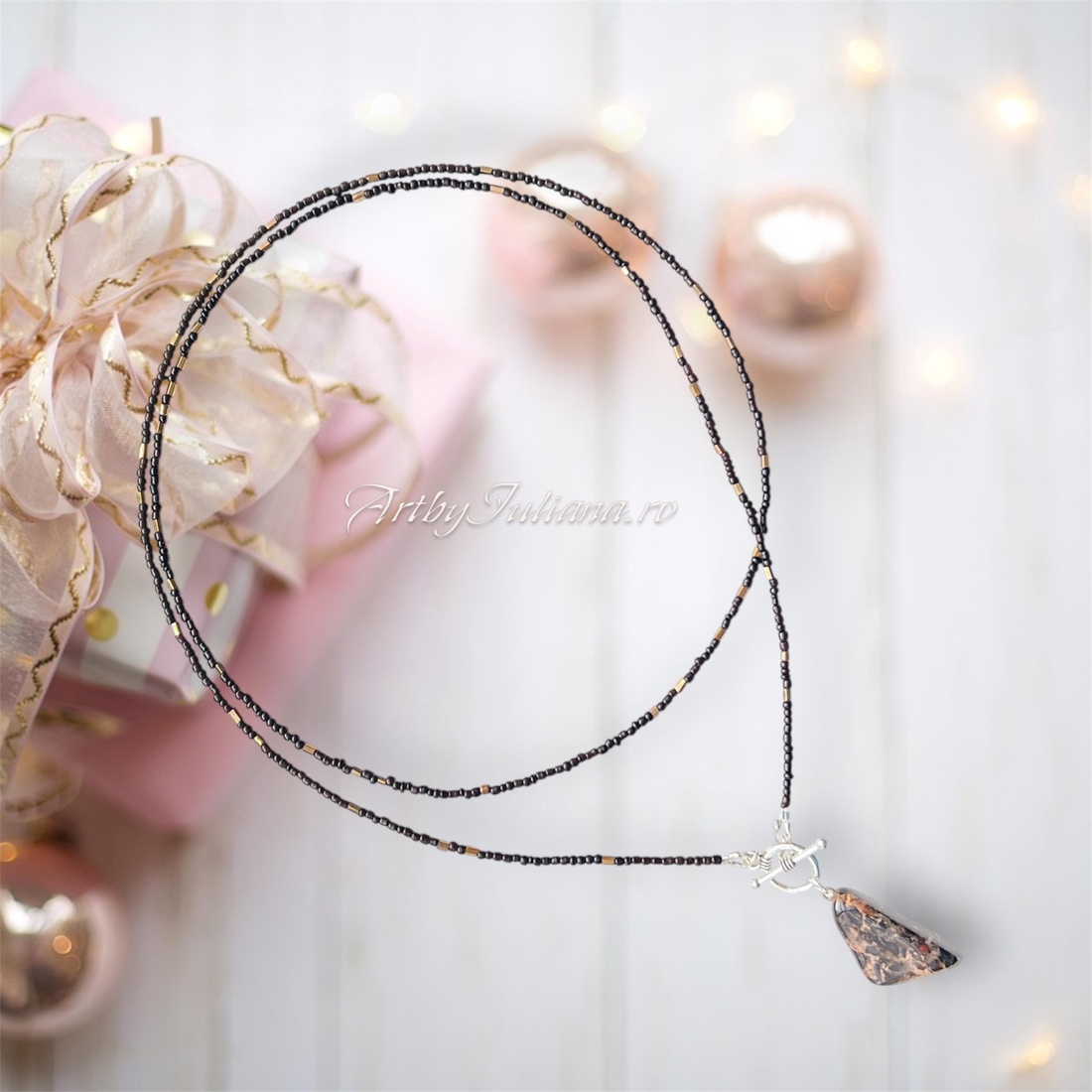 Colier handmade cu pandantiv obsidian mahon - bijuterii - coliere - coliere din pietre semiprețioase - Artynos.ro