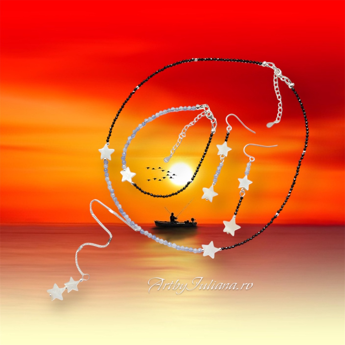 Set handmade cu pietre semipretioase si argint Apus de soare instelat - bijuterii - seturi de bijuterii - Artynos.ro
