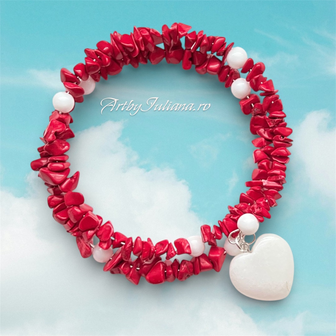 Brățară cu pietre semiprețioase pe sârmă cu memorie Inimă de martie - bijuterii - brățări - brățări din pietre semiprețioase - Artynos.ro