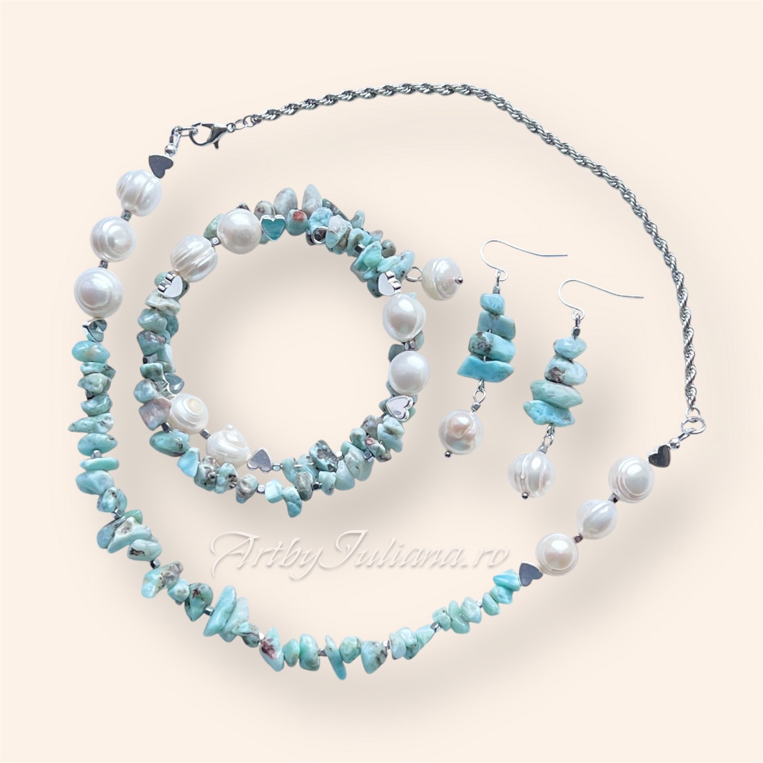 Set handmade perle si larimar  Vara dominicana - bijuterii - seturi de bijuterii - Artynos.ro