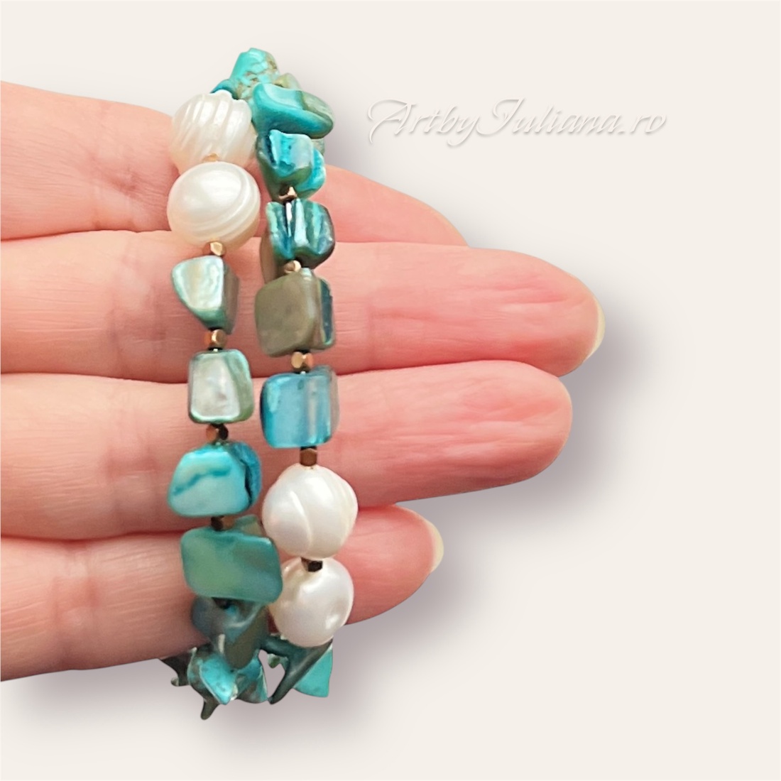 Set (colier, cercei, brățară) pietre semiprețioase și perle  Valurile mării - bijuterii - seturi de bijuterii - Artynos.ro