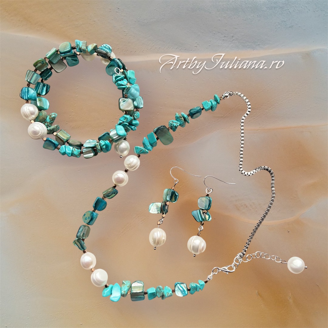 Set (colier, cercei, brățară) pietre semiprețioase și perle  Valurile mării - bijuterii - seturi de bijuterii - Artynos.ro