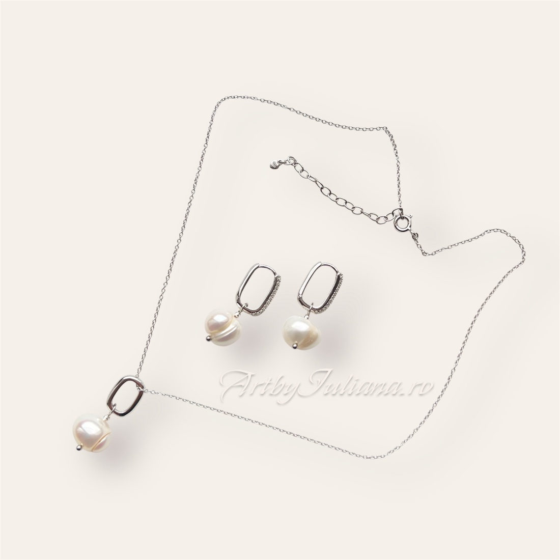 Set handmade cu argint 925 si perle baroc Noaptea nunții - accesorii nuntă - bijuterii mireasă - set bijuterii de mireasă - Artynos.ro