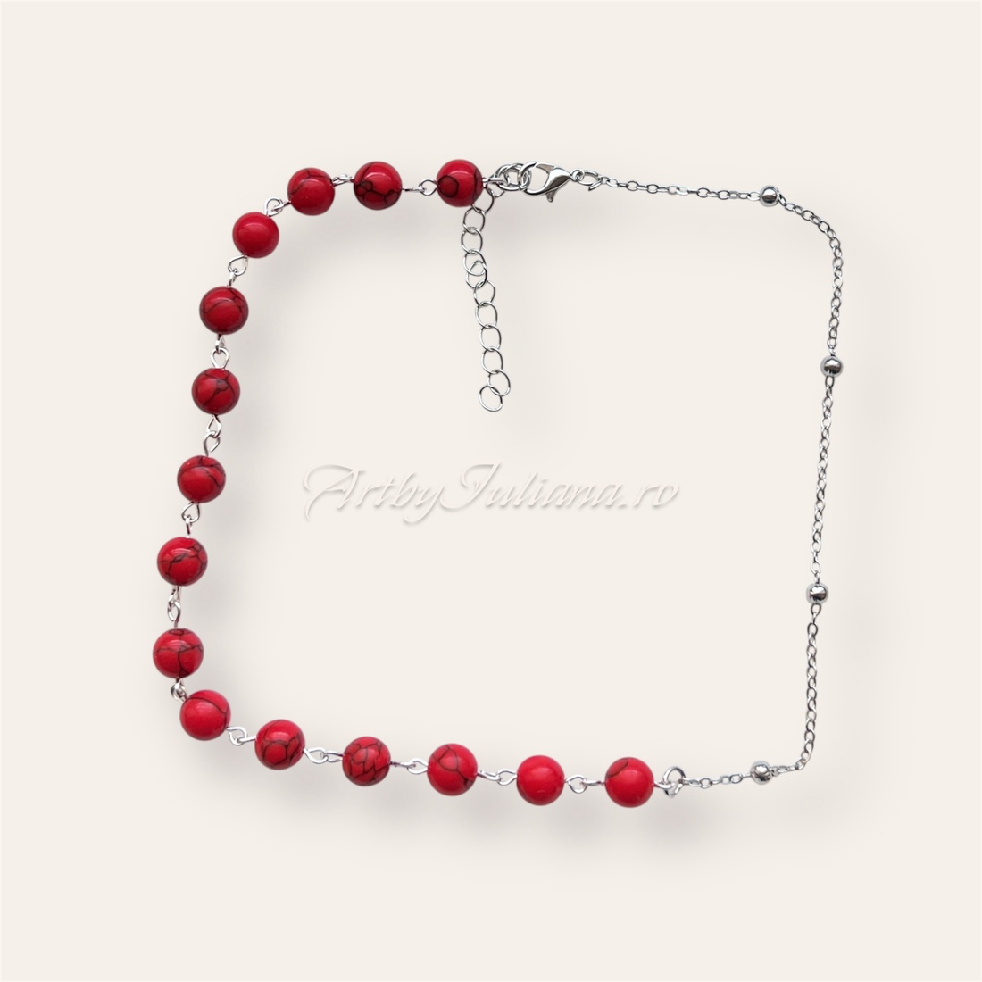 Colier asimetric pietre semiprețioase și oțel inoxidabil  �Doamna în roșu - bijuterii - coliere - coliere din pietre semiprețioase - Artynos.ro