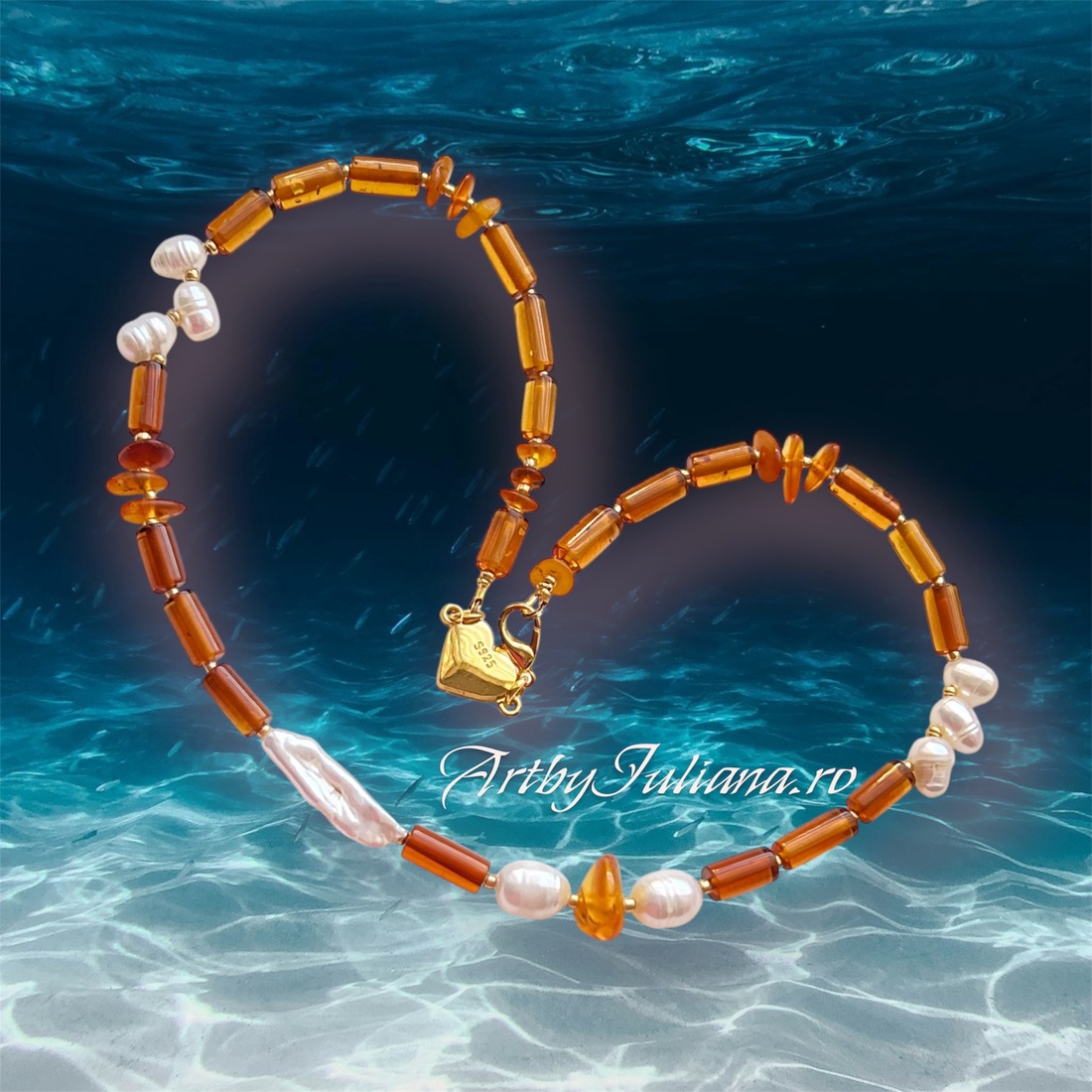 Colier handmade cu argint, perle și chihlimbar Vacantă la Marea Baltică - bijuterii - coliere - coliere din pietre semiprețioase - Artynos.ro