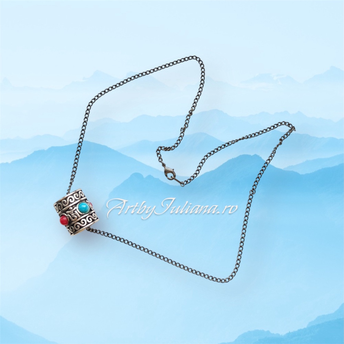 Pandantiv motive asiatice cu insertii coral si turcoaz  Vacanță în Bali - bijuterii - coliere - pandative - Artynos.ro