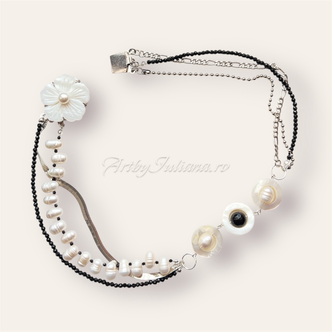 Colier handmade multișir �Floare de sidef - bijuterii - coliere - coliere din pietre semiprețioase - Artynos.ro
