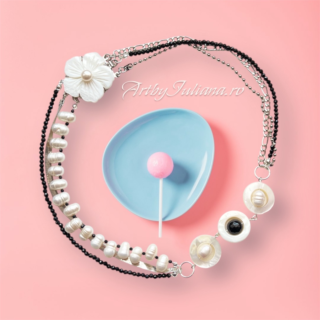 Colier handmade multișir �Floare de sidef - bijuterii - coliere - coliere din pietre semiprețioase - Artynos.ro