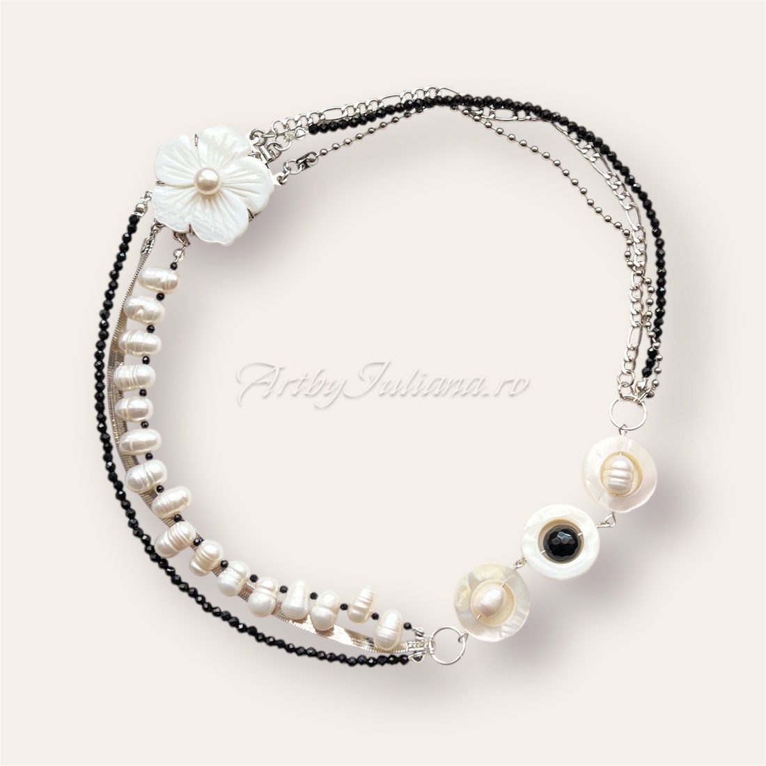 Colier handmade multișir �Floare de sidef - bijuterii - coliere - coliere din pietre semiprețioase - Artynos.ro