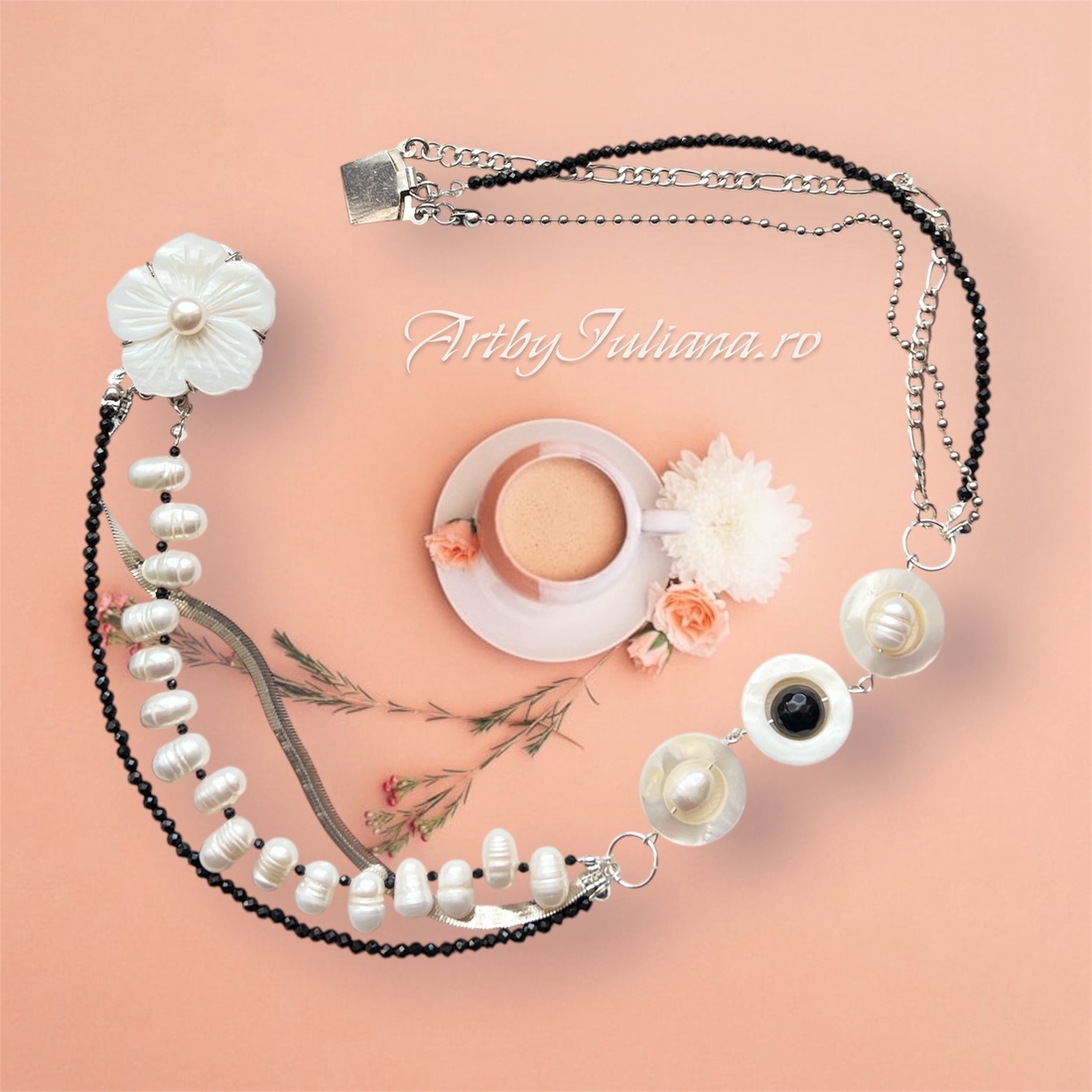 Colier handmade multișir �Floare de sidef - bijuterii - coliere - coliere din pietre semiprețioase - Artynos.ro
