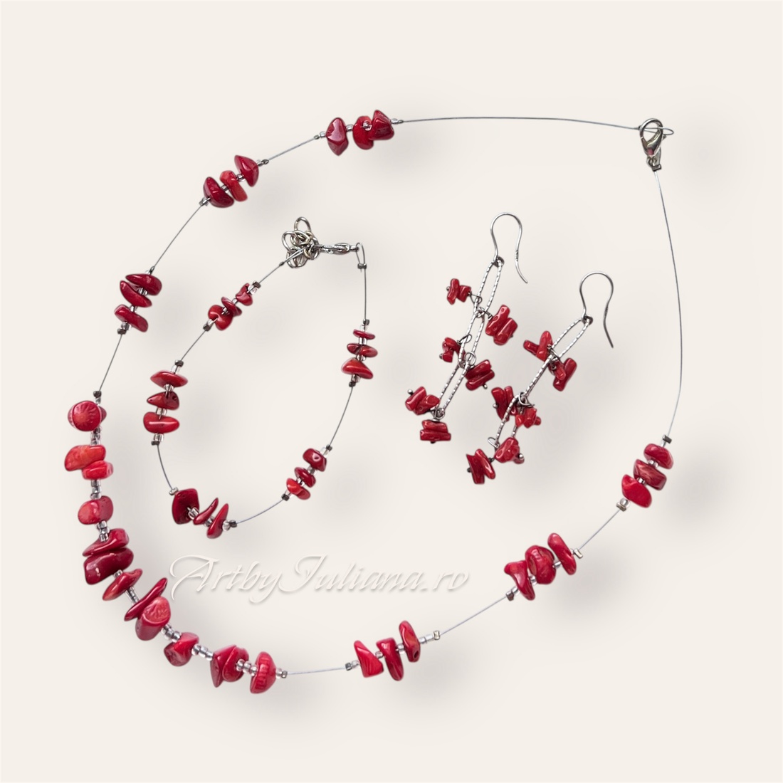 Set (colier, cercei, bratara) coral și argint Coral pe plajă - bijuterii - seturi de bijuterii - Artynos.ro