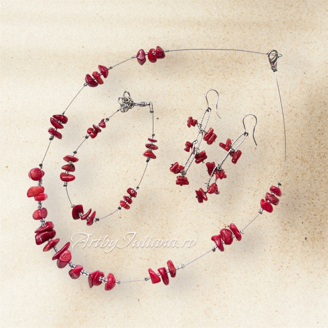 Set (colier, cercei, bratara) coral și argint Coral pe plajă - bijuterii - seturi de bijuterii - Artynos.ro